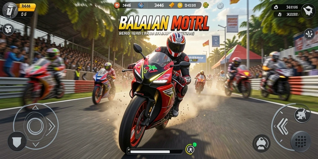 Screenshot gameplay yang menunjukkan aksi balap motor yang intens.