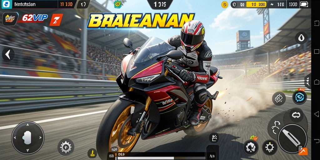 Tangkapan layar gameplay 62VIP menampilkan balapan motor yang seru dan penuh adrenalin.