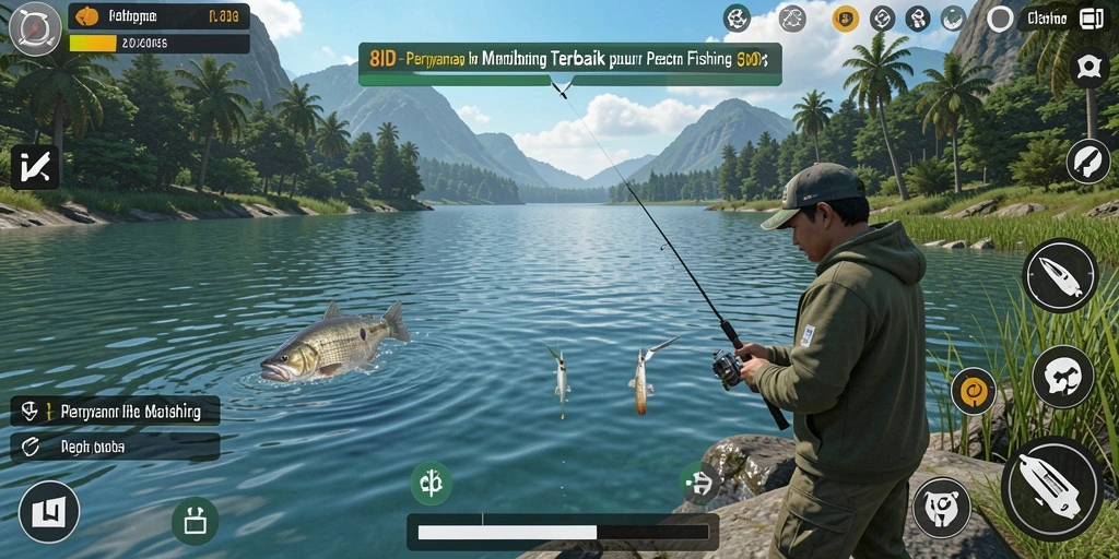 Tangkapan layar gameplay <strong>8ID</strong> menampilkan aksi seru dalam memancing ikan.