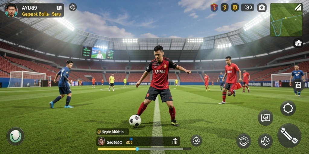 Tampilan gameplay utama AYU89 dengan aksi sepak bola yang menegangkan.