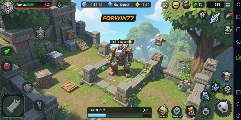 Screenshot gameplay FORWIN77 menunjukkan aksi Tower Defense yang mendebarkan.