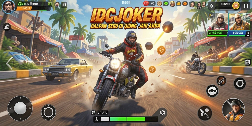 Gameplay IDCJOKER yang mendebarkan saat balapan di sirkuit yang menantang.
