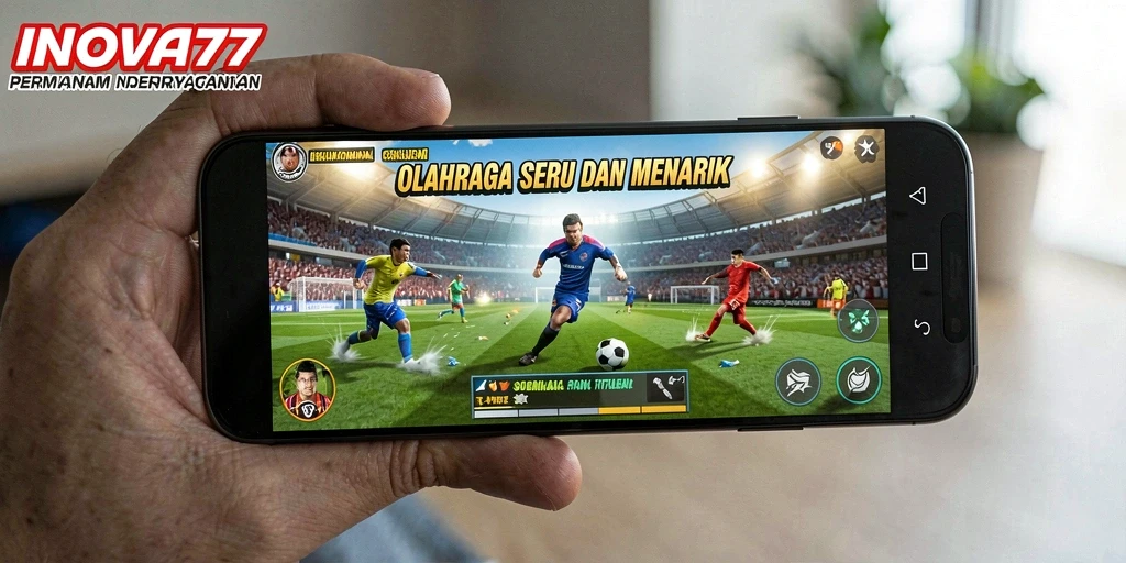 Screenshot utama INOVA77 menunjukkan aksi seru dalam permainan olahraga.