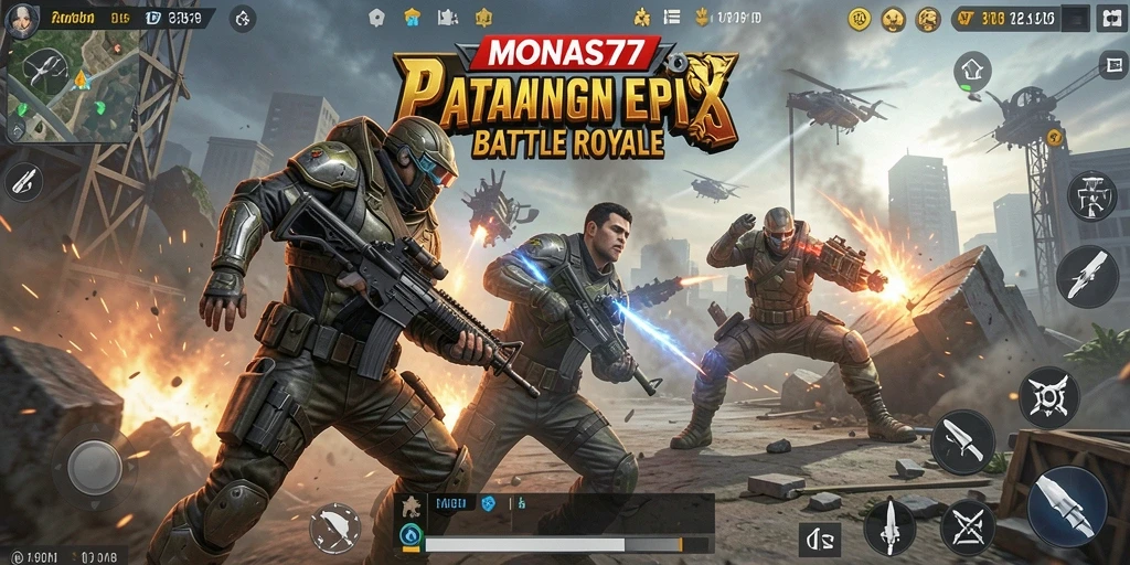 Tangkapan layar utama MONAS77 menampilkan aksi pertempuran seru di arena Battle Royale.