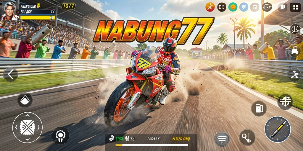 Screenshot gameplay NABUNG77 dengan aksi balap motor yang seru.