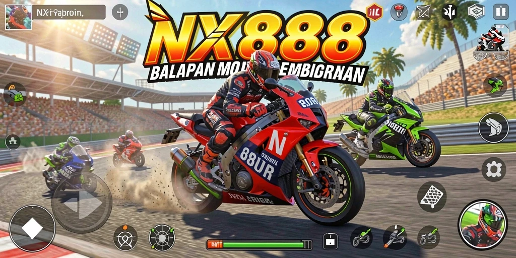Screenshot utama NX888 dengan tampilan gameplay balapan yang mendebarkan.