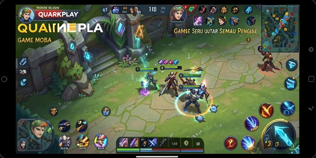 Screenshot menampilkan aksi seru dalam permainan MOBA QUARKPLAY.
