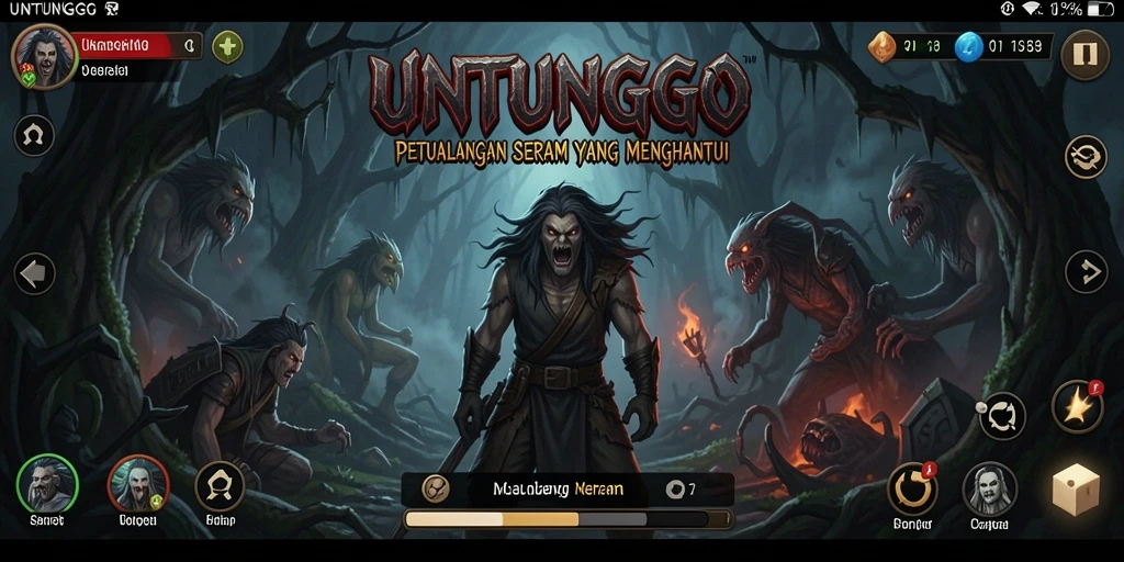 Screenshot utama UNTUNGGO menampilkan suasana mencekam dan gameplay yang intens.